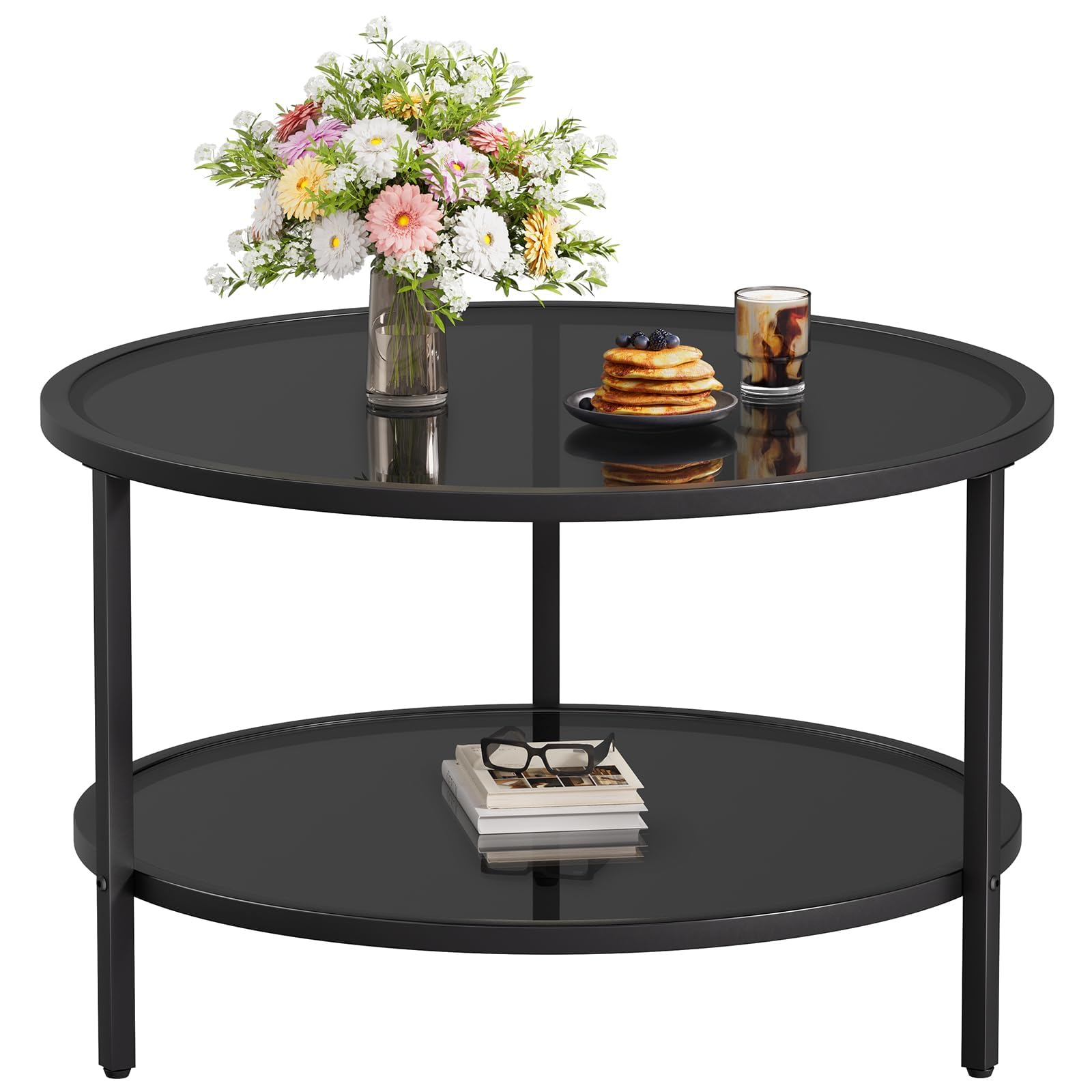 SAYGOER Round Glass Coffee Table 2 Tier Coffee Tables with Storage Shelf for Large or Small Space Modern Simple Center Table with Gold Frame for Living Room Home Office, Easy Assembly…