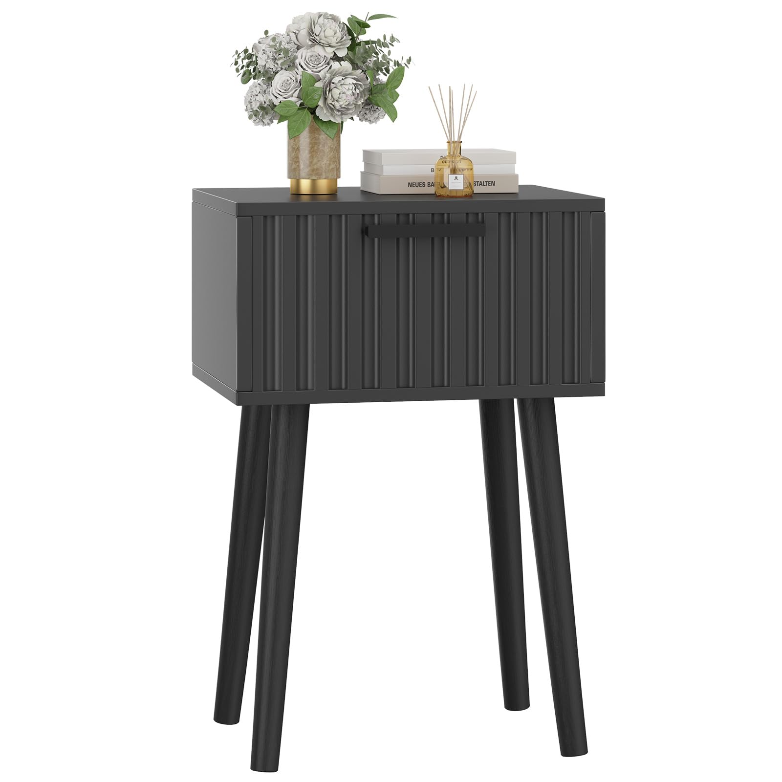 YMYNY Fluted Nightstand Set of 2, Small End Table, Modern Coffee Table with Drawer, Solid Wood Legs, Retaining Chain, 13.8" x 10.6" x 20.9", for Bedroom and Small Spaces, Black UHST014B-2