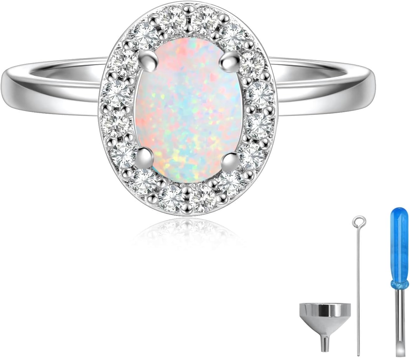 Sterling Silver Opal Cremation Urn Ring: Women Cremation Memorial Keepsake Ring for Ashes With Cubic Zirconia Bereavement Jewelry Gift for A Loss of The Loved One