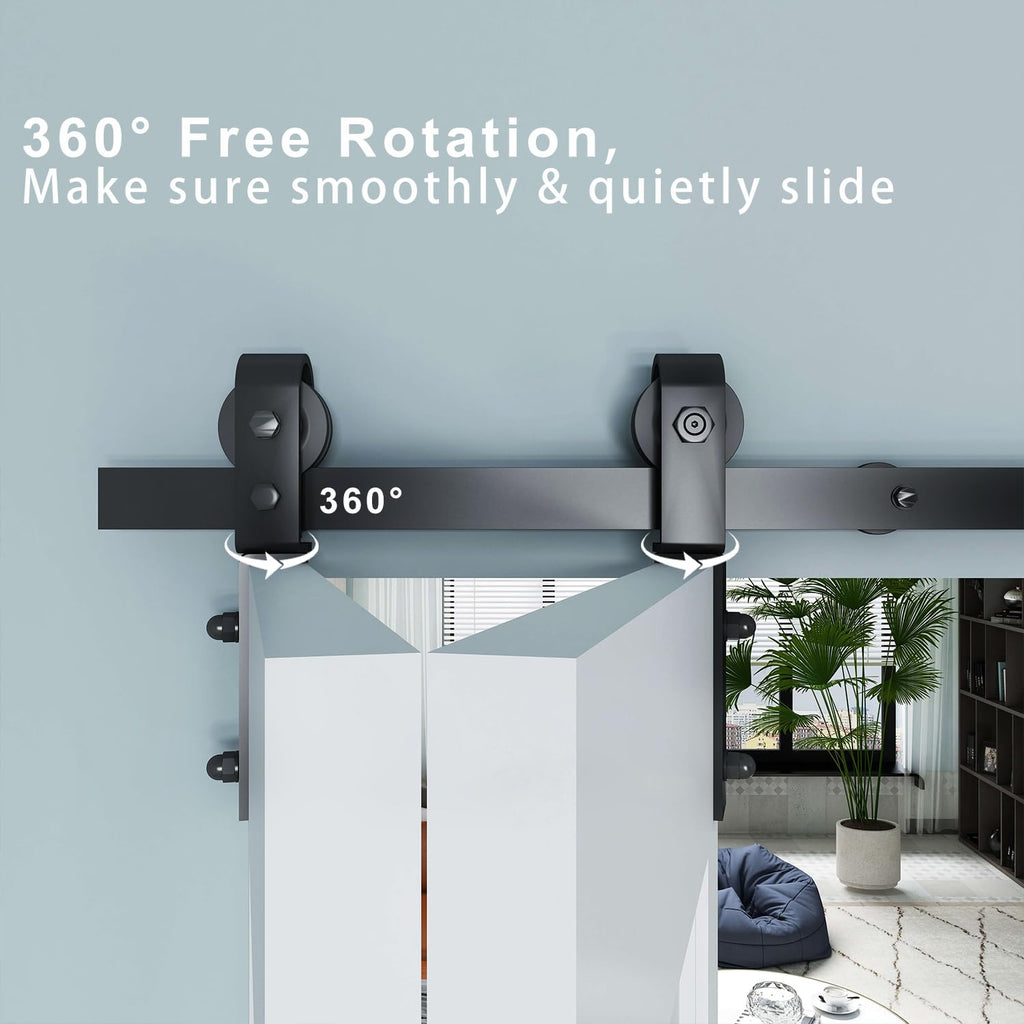 JUBEST Kit de rail pour porte de grange coulissante pliante bi-facette 40", rouleau noir monté sur le côté, robuste, pour 2 portes, fonctionnement fluide et silencieux, installation facile (porte non incluse)