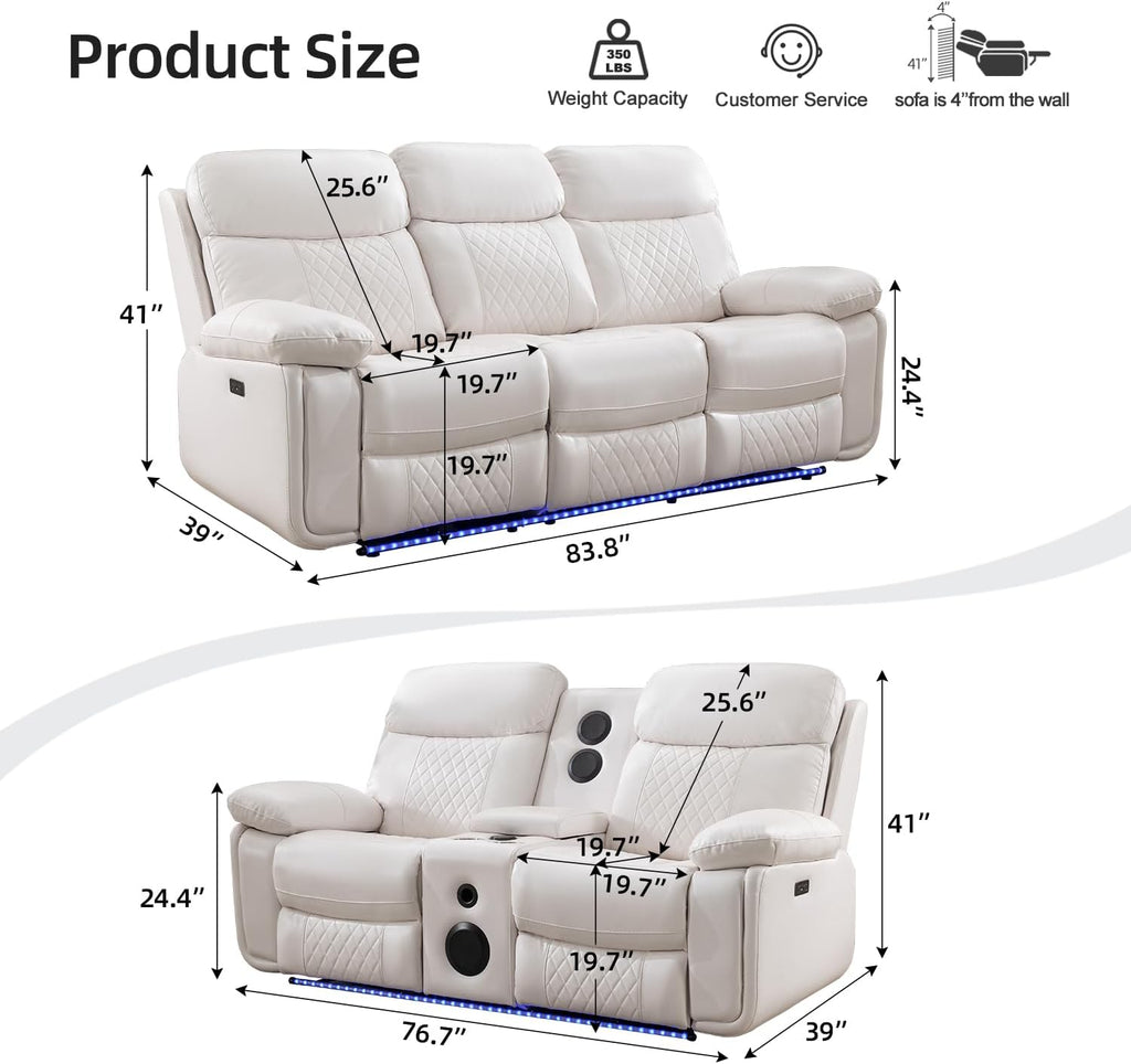 Power Recliner Sofa Set for Living Room, 3 Seater Faux Leather Reclining Couch Sofa, Home Theater Love seat Sets with Bass Speaker, Loveseat Recliner with Cup Holder, USB Port, LED Lights, White
