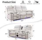 Power Recliner Sofa Set for Living Room, 3 Seater Faux Leather Reclining Couch Sofa, Home Theater Love seat Sets with Bass Speaker, Loveseat Recliner with Cup Holder, USB Port, LED Lights, White