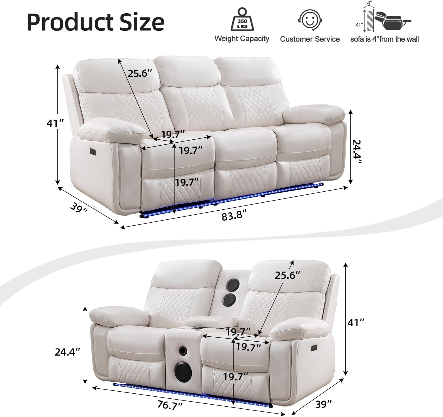 Power Recliner Sofa Set for Living Room, 3 Seater Faux Leather Reclining Couch Sofa, Home Theater Love seat Sets with Bass Speaker, Loveseat Recliner with Cup Holder, USB Port, LED Lights, White