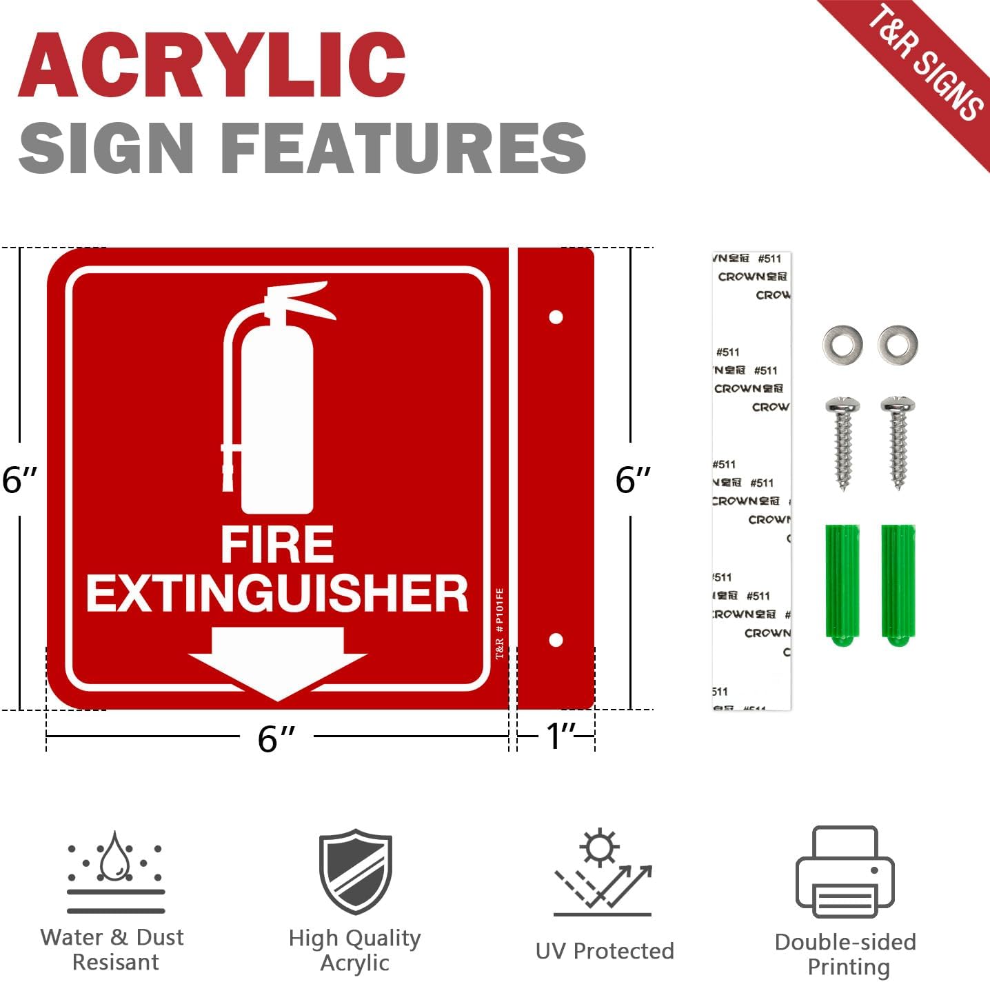 T&R Fire Extinguisher Sign, Fire Extinguisher with Down Arrow - 8 Pack - 6 x 6 Inches Acrylic, 2 pre-drilled holes, Includes Matching Screws, Use for Home Office/Business