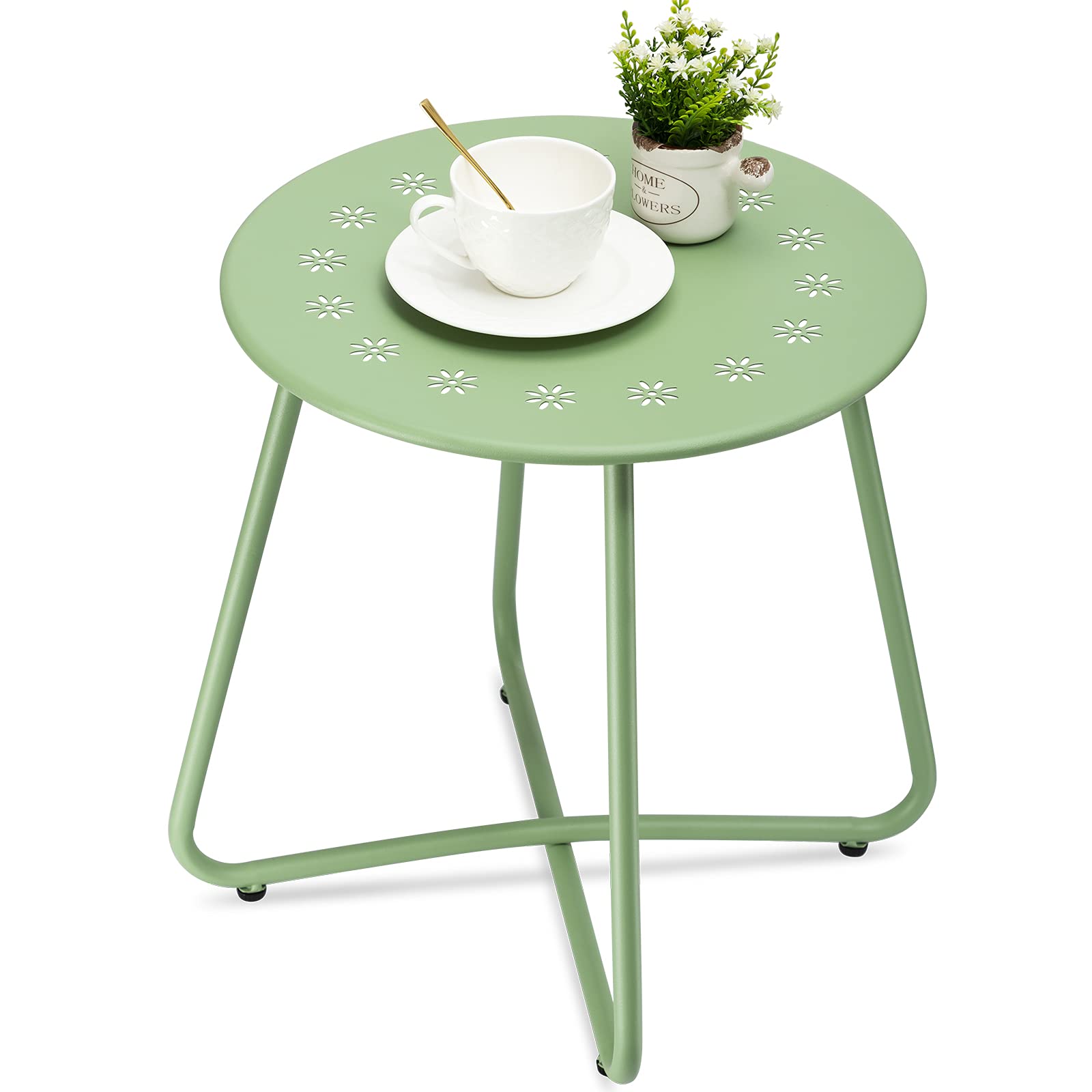 danpinera Outdoor Side Tables with Flower Cut Outs, Weather Resistant Steel Patio Side Table, Small Round Outdoor End Table Metal Side Table for Patio Yard Balcony Garden Navy Blue