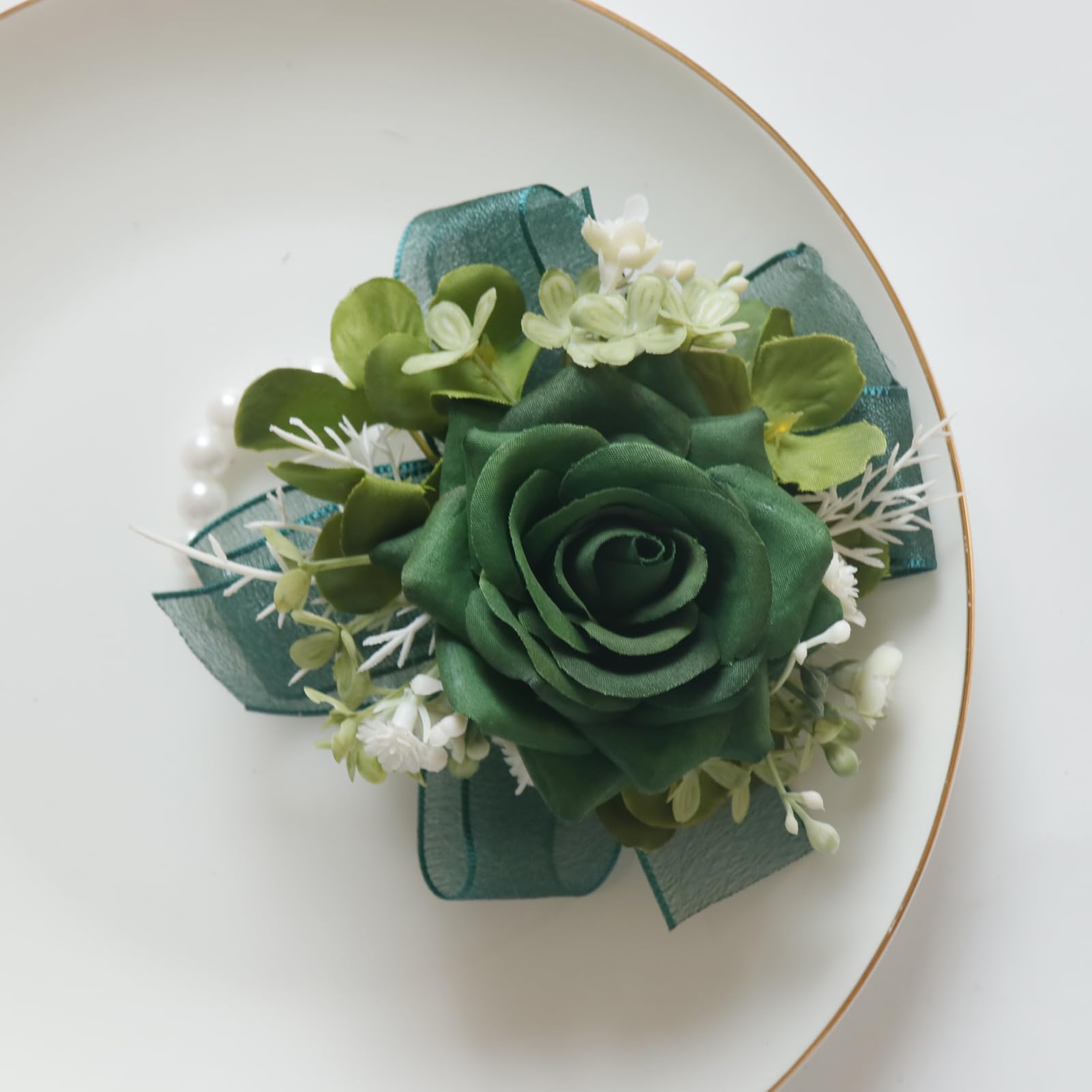 MAFELOE Corsage and Boutonniere Set for Wedding Prom Party Homecoming Celebration Artificial Flower Accessories Suit Decor 2 Pieces - Dark Green