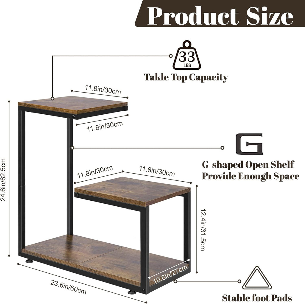 G Shaped Side Table, 3 Tier End Table for Couch Indoor, Small Sofa Coffee Table with Metal Frame for Living Room Bedroom Nightstand Bedside
