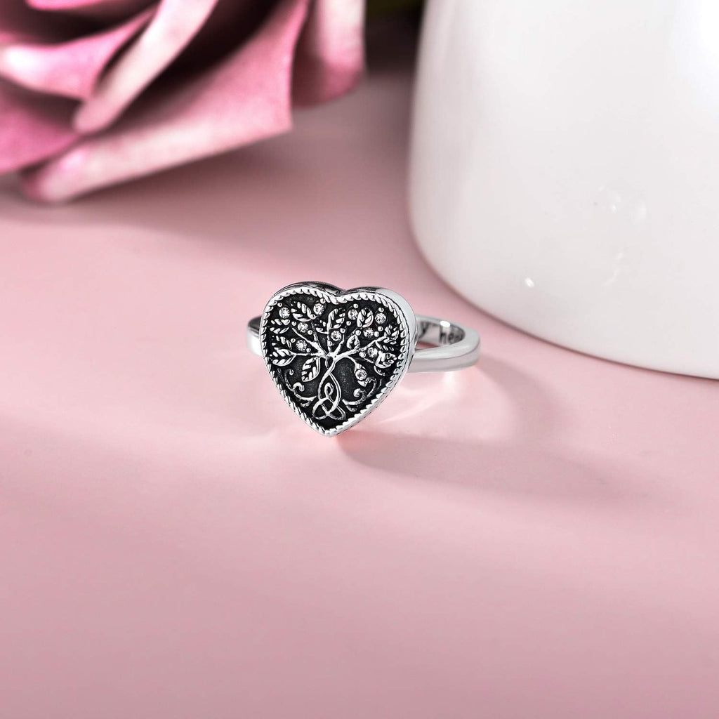 AOBOCO 925 Sterling Silver Heart Celtic Tree of Life Cremation Urn Ring Holds Loved Ones Ashes, Always in My Heart Urn Ring for Ashes for Women, Memorial Keepsake Jewelry Embellished with Crystals from Austria