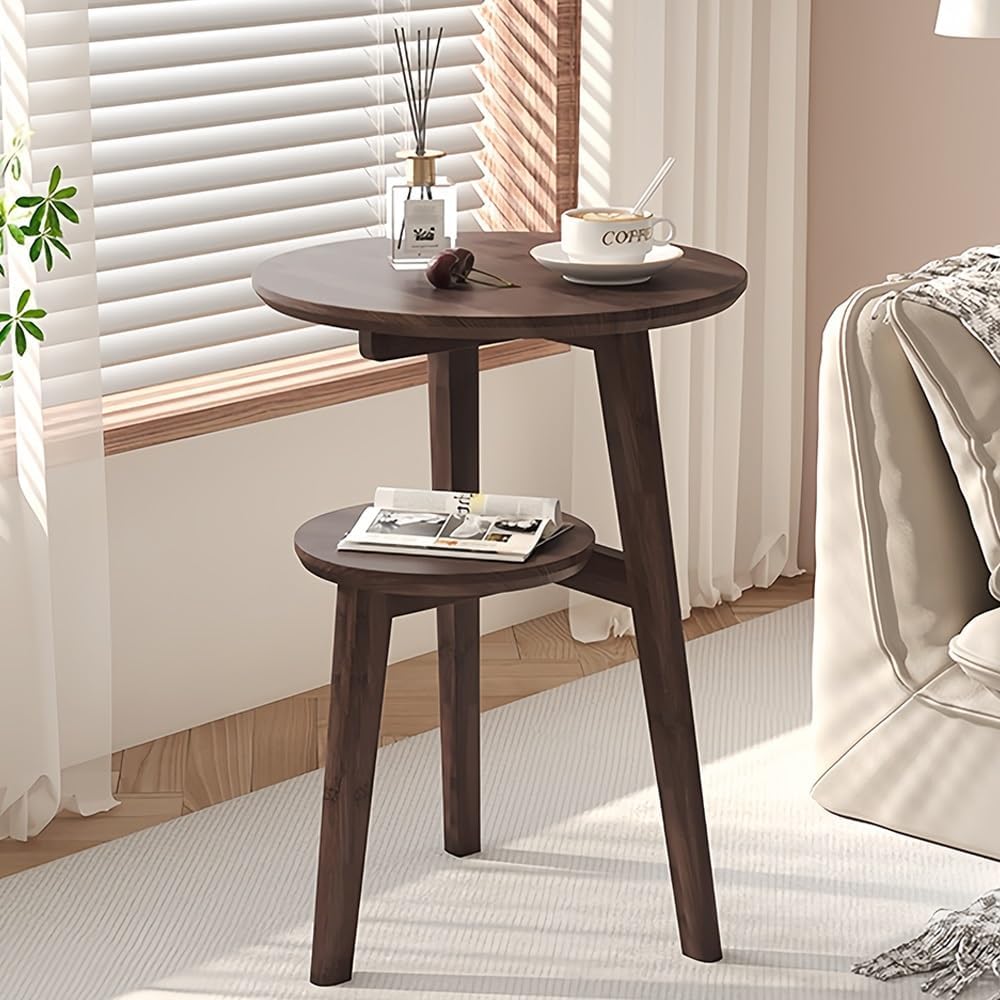 Solid Wood Round Side Table with 2 Open Shelves – Decorative Nightstand & Coffee Table for Bedroom, Living Room, or Study(Brown)