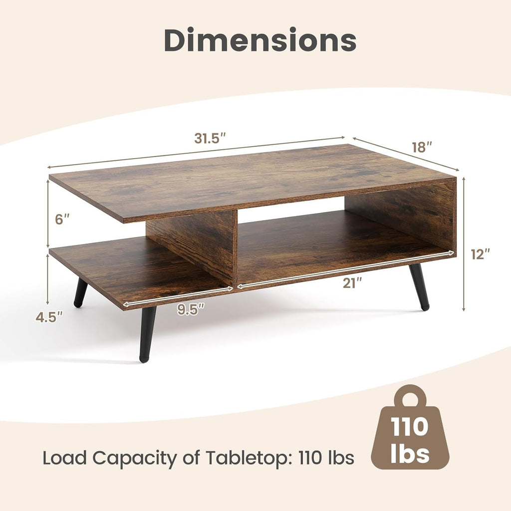 GOFLAME Wood Coffee Table, 2-Tier Mid Century Modern Center Table with 2 Open Storage Compartments & Metal Legs, Rectangular Accent Tea Tables for Living Room, Home Office, Apartment (Rustic Brown)