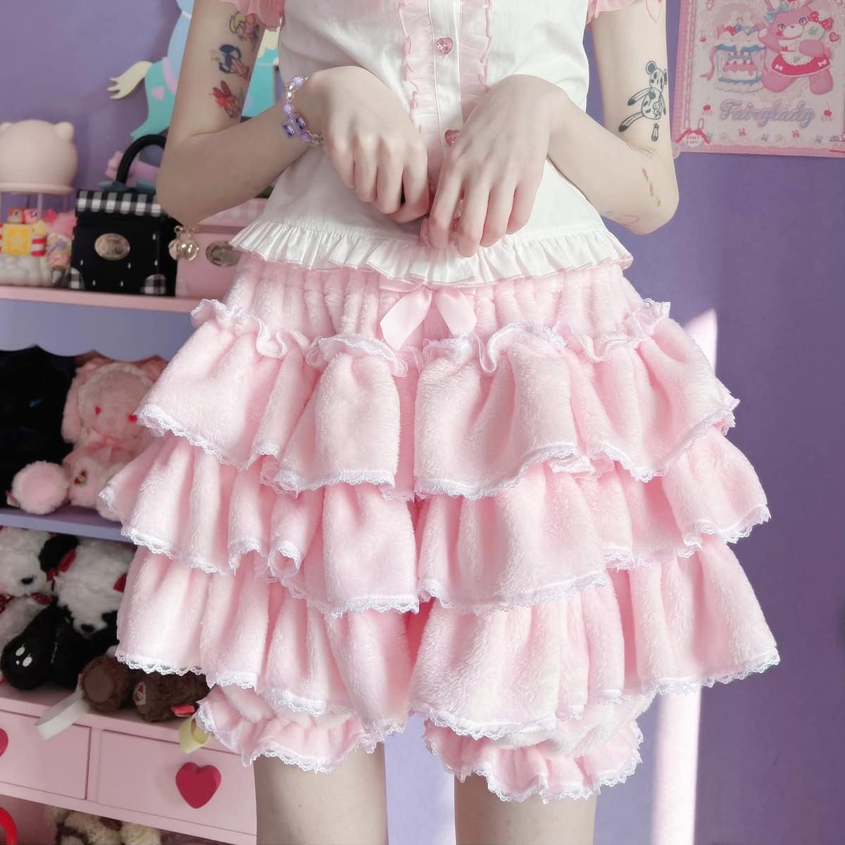 Women Lolita Bloomers Teens Cute Maid Tiered Ruffle Bloomer Shorts Kawaii Fuzzy Fluffy Pumpkin Pants Pettipants