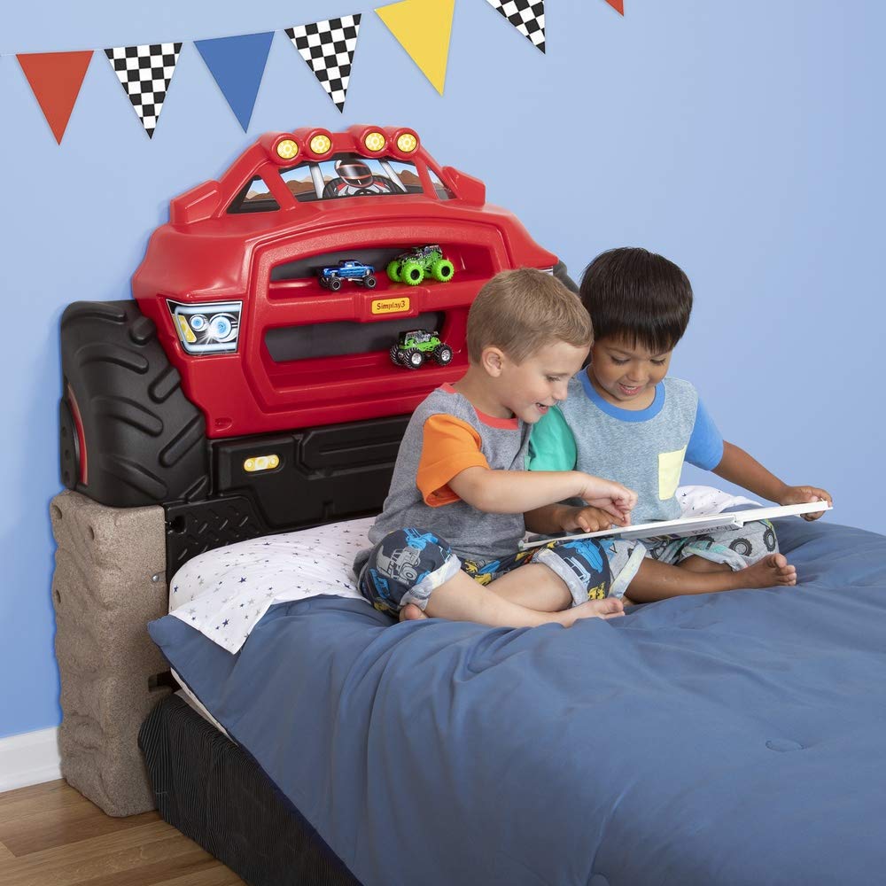 Tête de lit Simplay3 Monster Truck, tête de lit en plastique pour lit simple en forme de voiture pour enfants, tout-petits et garçons avec rangement pour voiture jouet - Rouge, Fabriqué aux USA