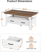 Amada Coffee Table for Living Room, 39.4" Small Coffee Table with Storage, Open Display Shelf and Hidden Drawers, Farmhouse Wood Center Table Ideal for Home Office, White and Oak