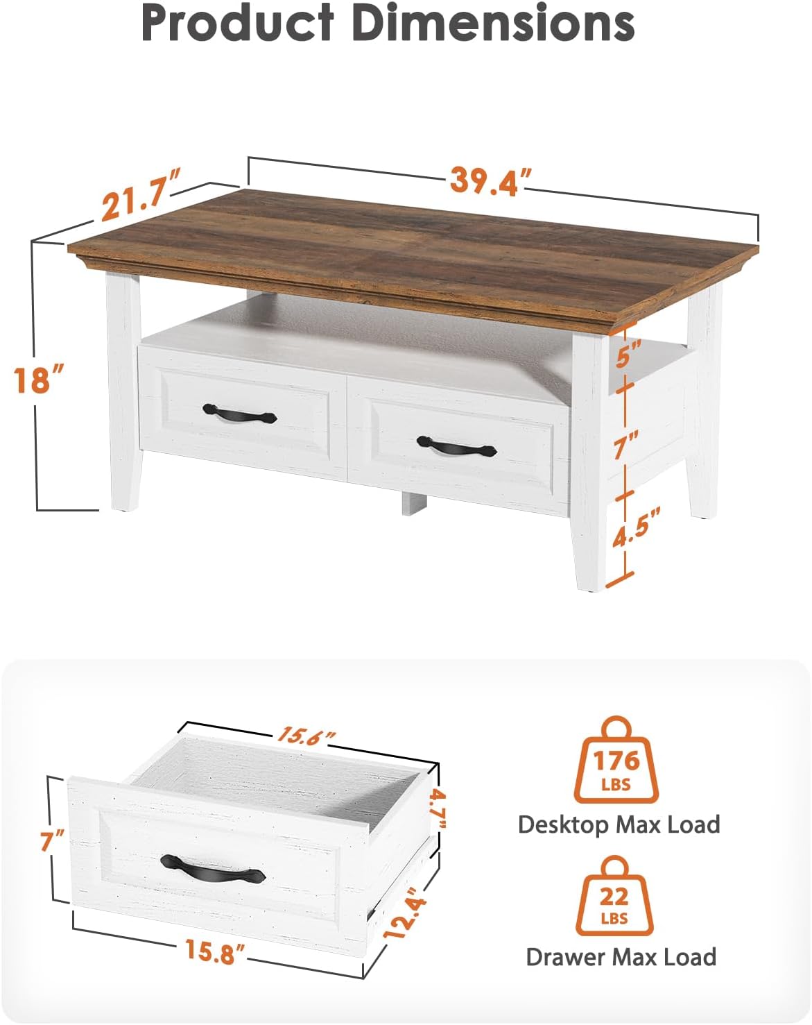Amada Coffee Table for Living Room, 39.4" Small Coffee Table with Storage, Open Display Shelf and Hidden Drawers, Farmhouse Wood Center Table Ideal for Home Office, White and Oak