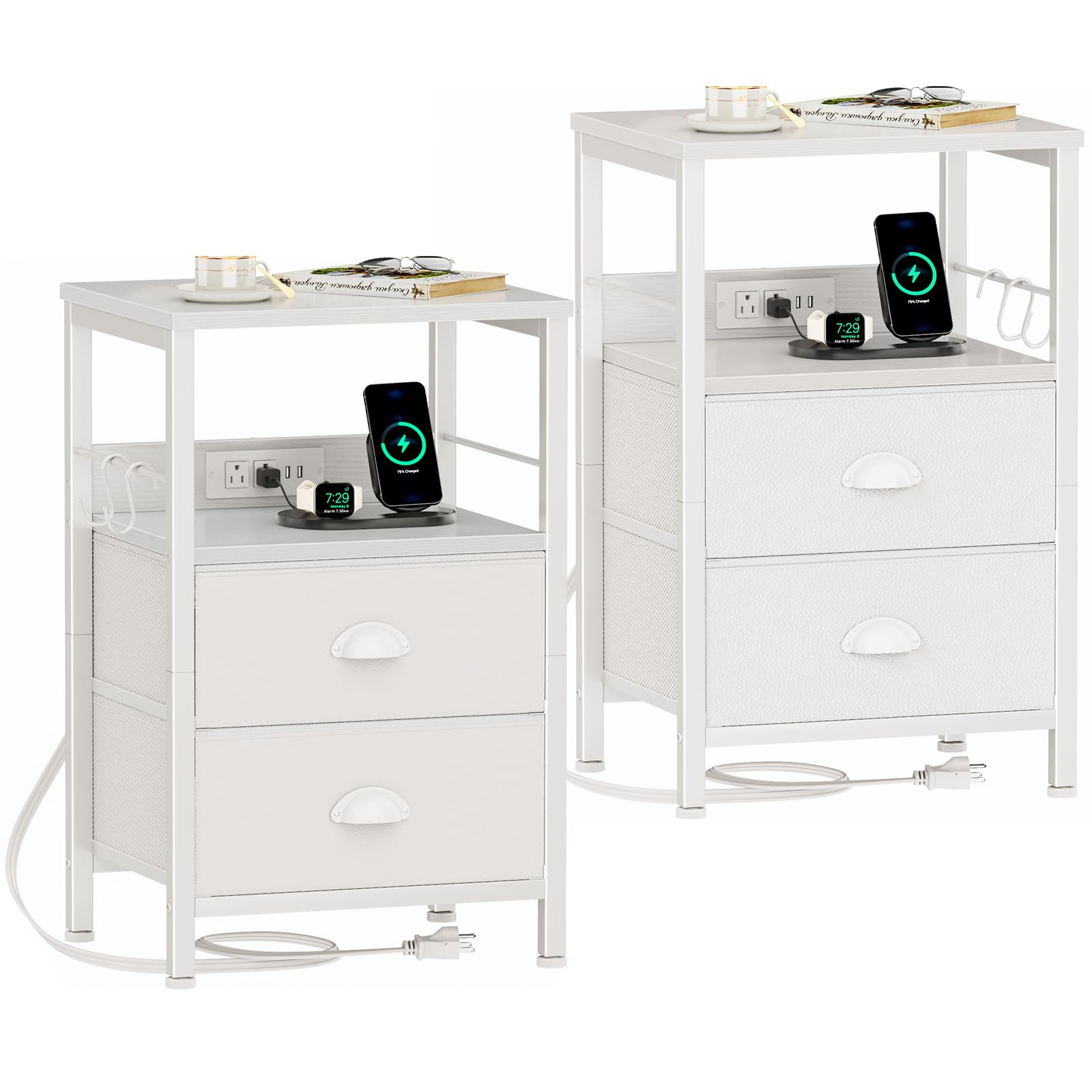 Furologee End Table with Charging Station, Nightstand with Fabric Drawers, Side Tables with USB Ports & Outlets, Night Stand with Storage Shelf & Hooks, for Living Room/Bedroom, White