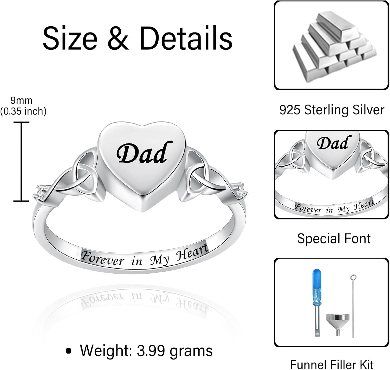 Heart Cremation Ring for Ashes: 925 Sterling Silver Forever in My Heart Carved Urn Keepake Rings Memorial Jewelry for Women Men