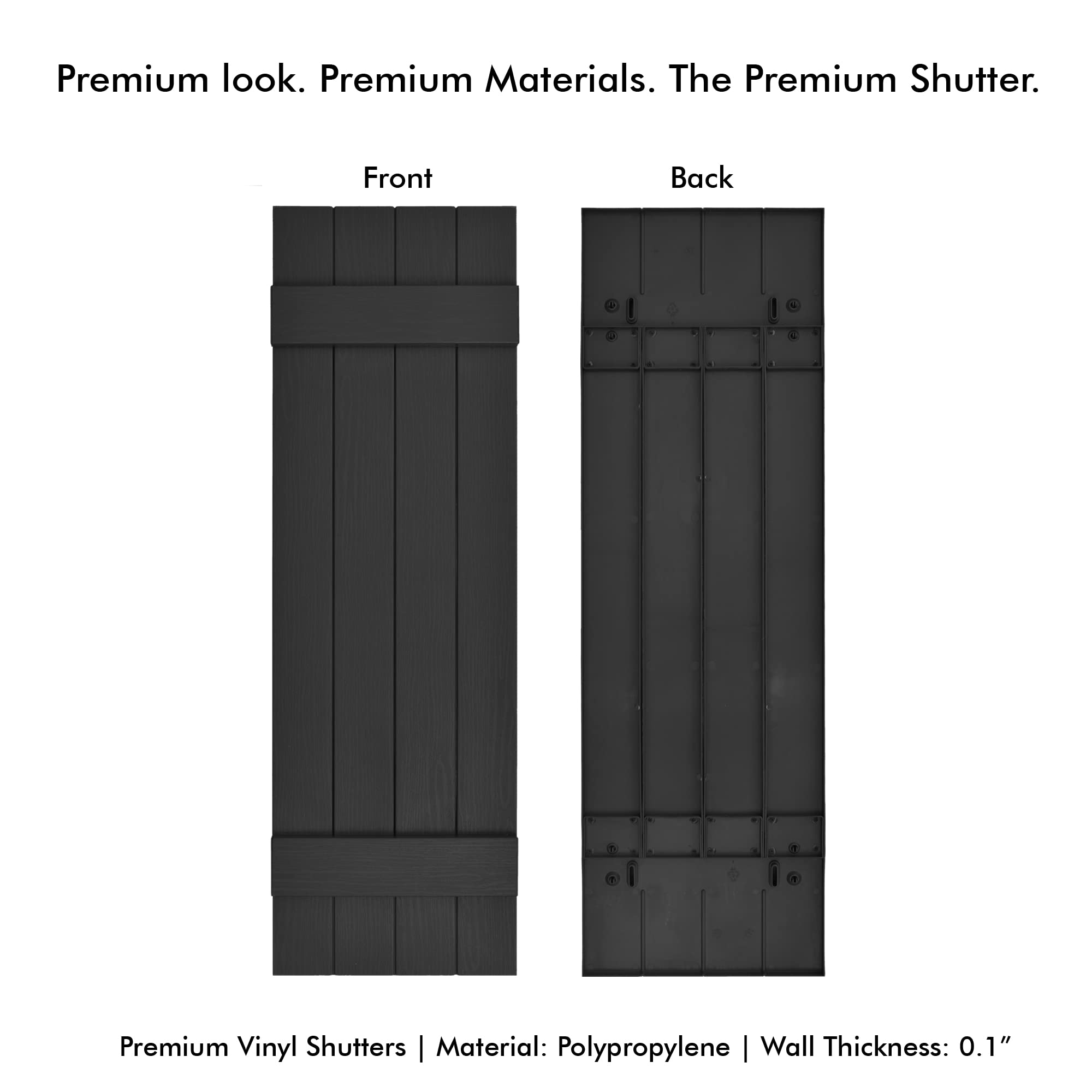 Pontiac Trail Board & Batten Vinyl Shutters (1 Pair) | 14.5"x31" (4-Board) - Black Cosmos/Paintable | Exterior Window Shutters | Includes Mounting Hardware | Simple Installation | Made in US