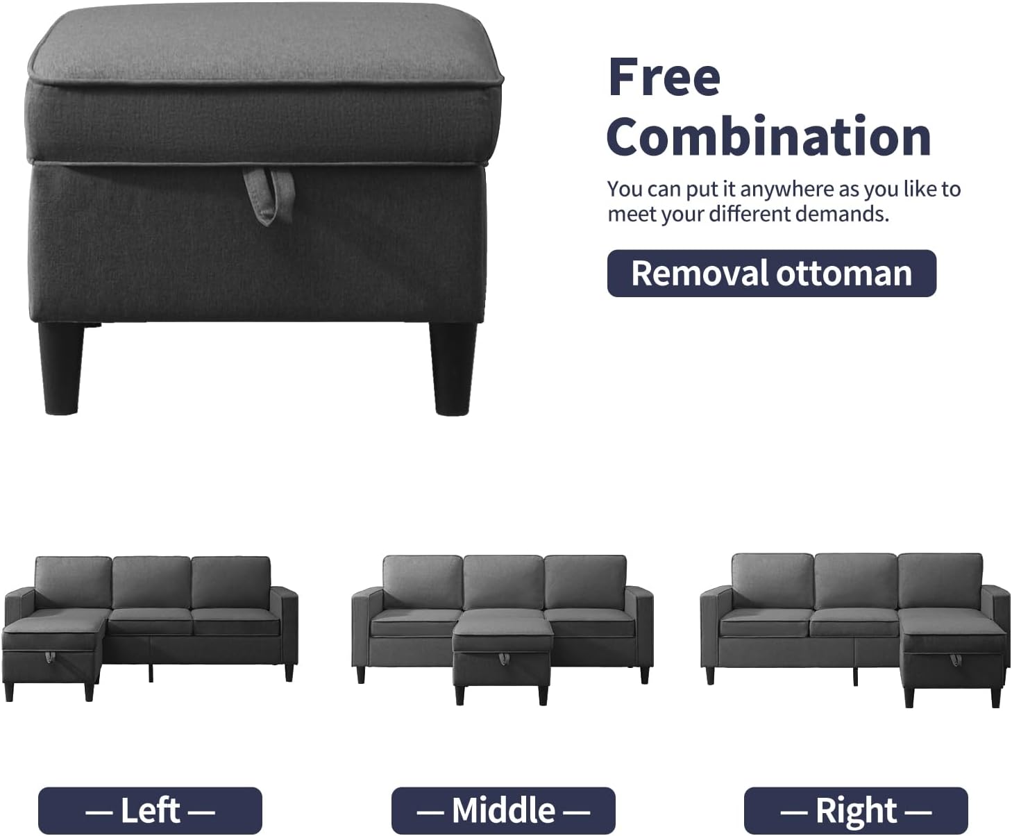 ijuicy Modern 6 Seat Sectional Sofa Set with Movable Storage Ottoman/Side Pockets, 3Pcs Couch Set for Living Room Furniture,3 Seat Living Room Couch & Loveseat & Armchair(3+2+1,Dark Grey)