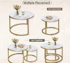 aboxoo Coffee Table Nesting White Set of 2 Side Set Golden Frame Circular Round and Marble Pattern Wooden Tables, Living Room Bedroom Apartment Modern Industrial Simple Nightstand