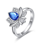 AOBOCO Lotus Urn Ring Jewelry for Ashes for Women Sterling Silver with Sapphire Blue Crystal