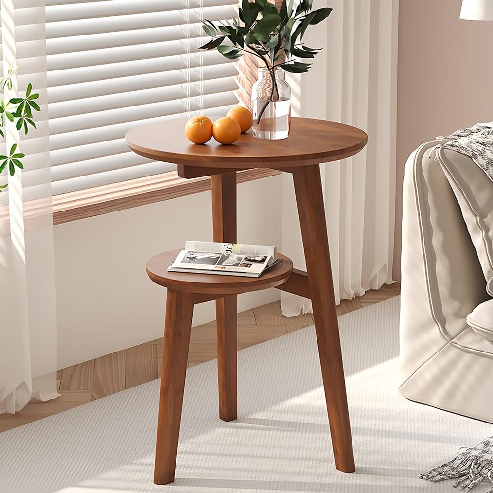 Solid Wood Round Side Table with 2 Open Shelves – Decorative Nightstand & Coffee Table for Bedroom, Living Room, or Study(Brown)