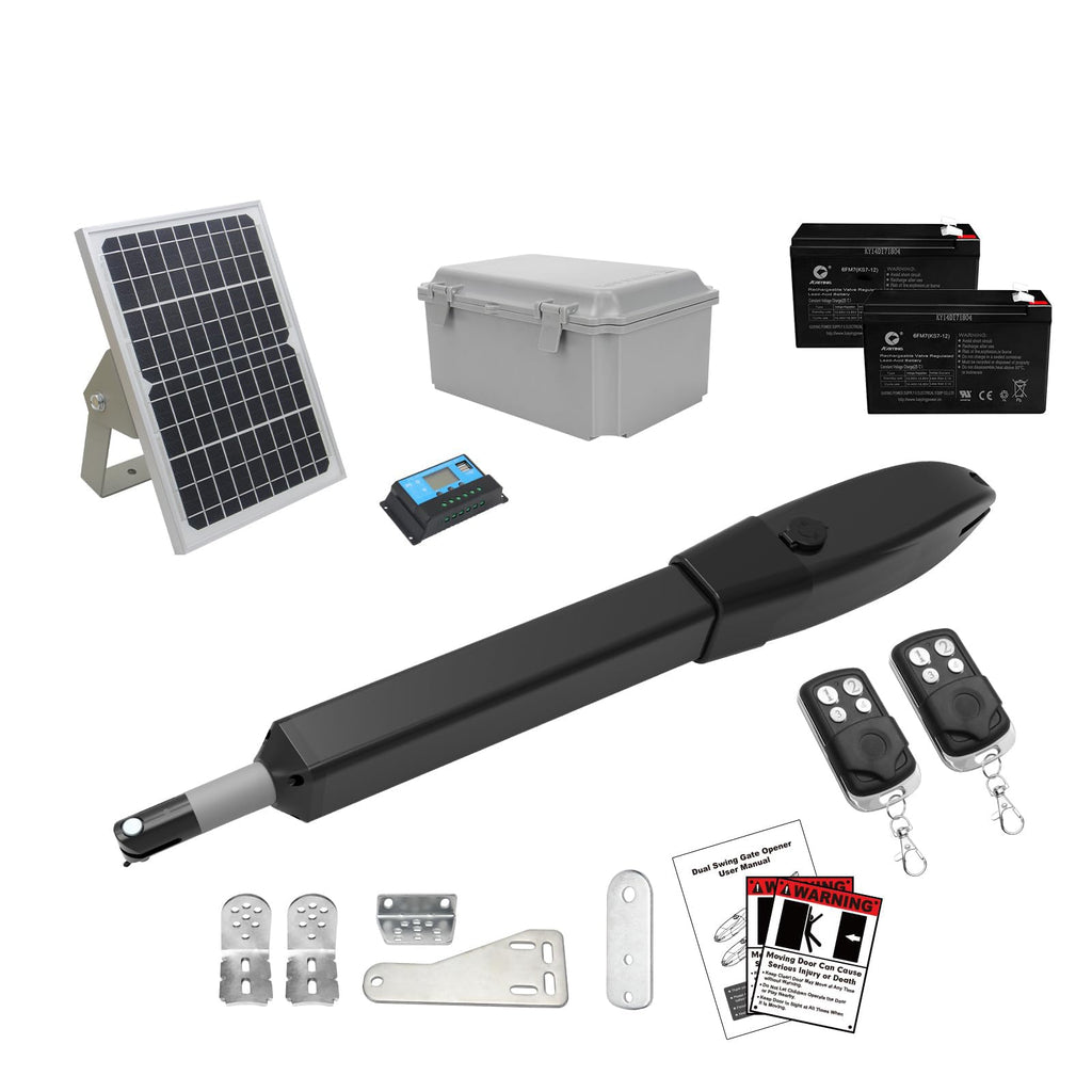 JUJIANG C026 Solar Gate Opener with Batteries & Solar Panel for Dual Swing Gates Up to 1540lb Automatic Gate Opener with Remote Complete Kit Medium Duty Electric Gate Opener Solar Powered 60W Motor