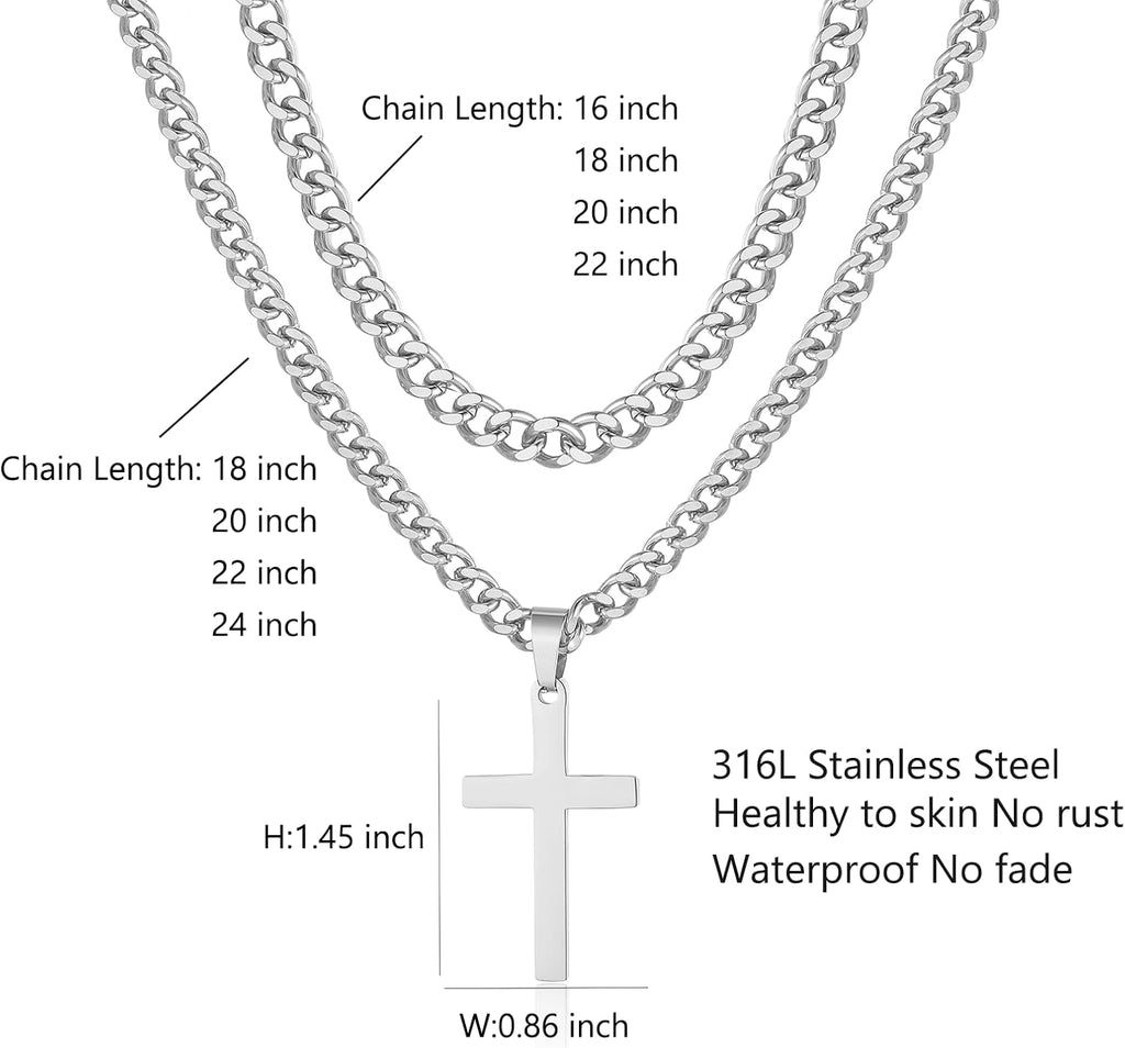 SENRAN Layered Cross Necklace for Men Boys Stainless Steel Layered Cuban Link Chain 16-24 inch Christian Cross Pendant Religious Jewelry Gifts