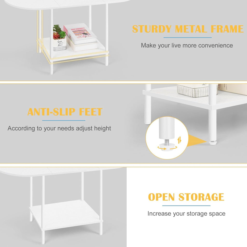 White Coffee Table for Living Room, Small Oval Coffee Table with Storage and Wood Tabletop, Mid Century Round Center Table for Small Space, Home Office