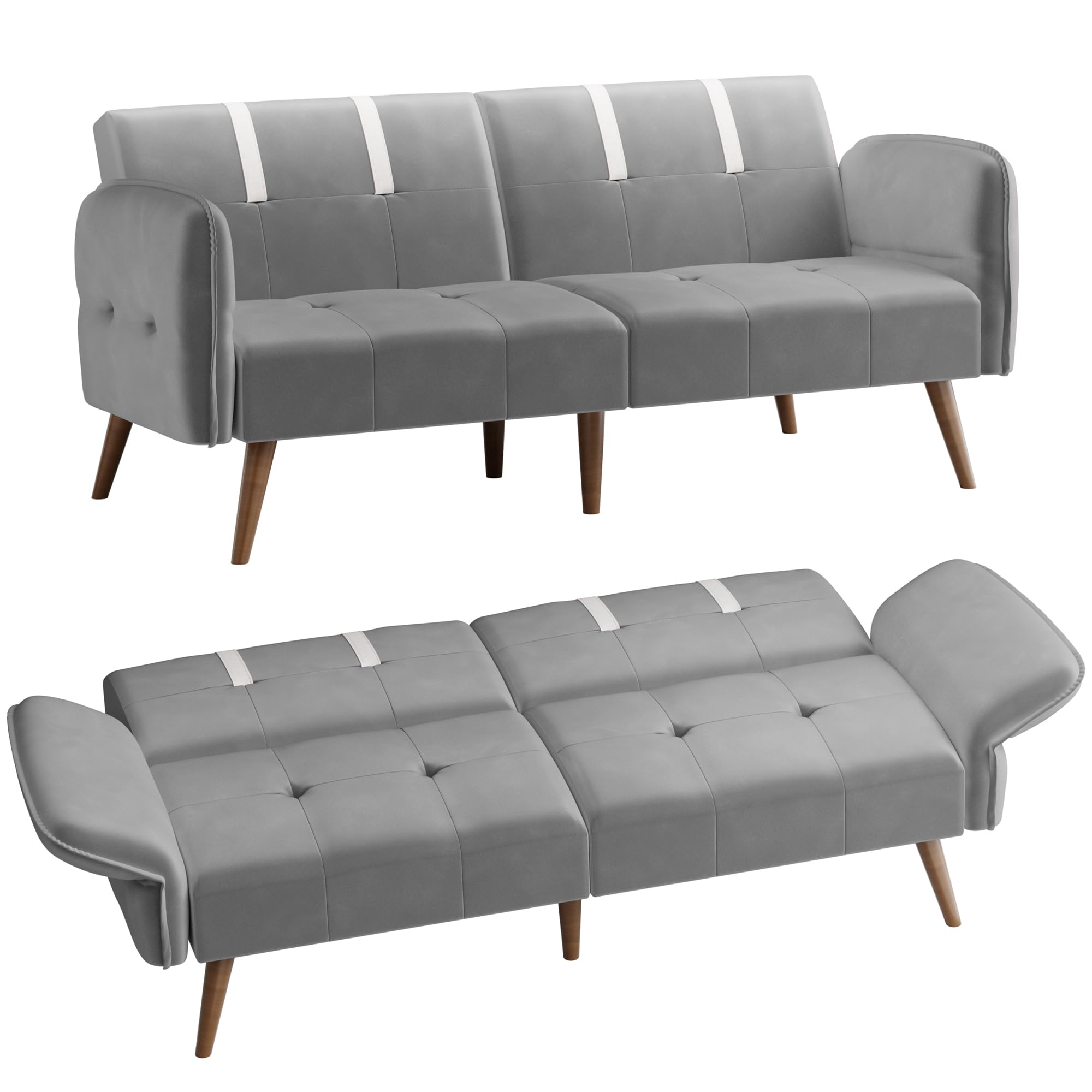 Shintenchi Futon Sofa Bed, Velvet Foldable Couch Reclining Sleeper w/Removable Armrests, Upholstered Loveseat w/Folding Cup Holders for Home, Office, Dark Gray