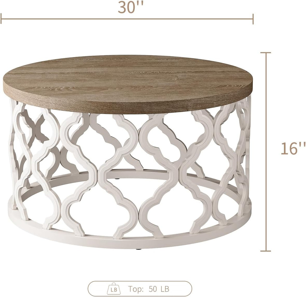 karlott Farmhouse Coffee Table, French Country Round Coffee Table, Distressed Wood Top with Curved Motif Frame Base for Boho, Living Room