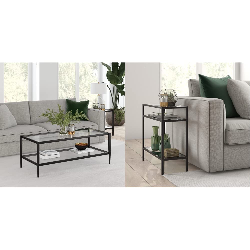 Henn&Hart 24" Wide Rectangular Side Table with Glass Shelf in Antique Brass, Table for Living Room, Bedroom