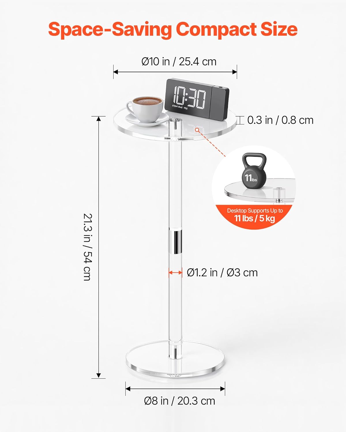 VEVOR Acrylic Drink Table, Clear End Table Round Top with Solid Post, Modern Acrylic Cake Table Stand, Transparent Side Desk for Coffee, Drink, Food, Snack, Easy Assembly, 10 x 10 x 21.3 in (Clear)