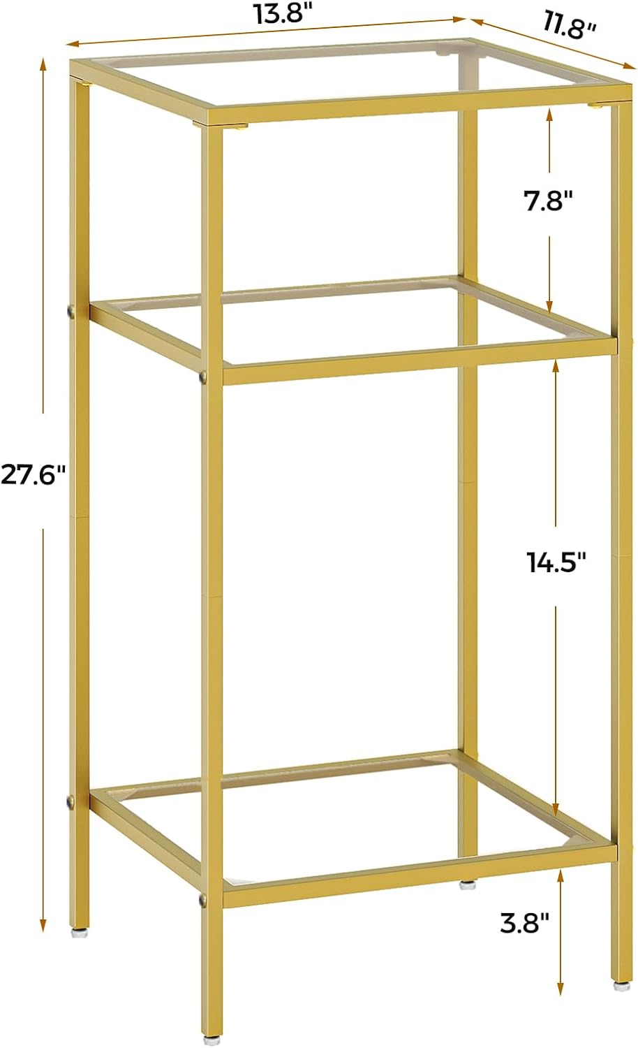 Homhedy 3-Tier Side Tables Set of 2, End Tables with Tempered Glass, Nightstands with Storage Shelves, Slim Sofa Tables for Living Room, Bedroom (2, Golden)
