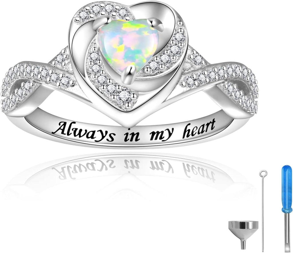 Heart Cremation Ring for Ashes - 925 Sterling Silver Opal Urn Keepake Rings Memorial Jewelry for Women