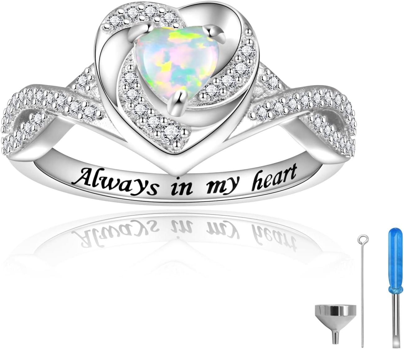 Heart Cremation Ring for Ashes - 925 Sterling Silver Opal Urn Keepake Rings Memorial Jewelry for Women