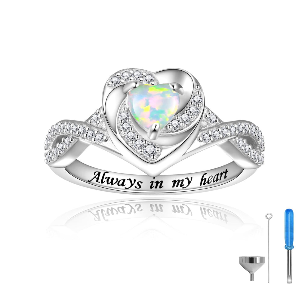 Heart Cremation Ring for Ashes - 925 Sterling Silver Opal Urn Keepake Rings Memorial Jewelry for Women