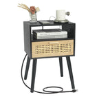 MaxSmeo End Table with Storage Mid Century Nightstand with Rattan Drawer and Shelf, Wood Small Side Coffee Table for Small Space, Living Room and Bedroom, Easy Assembly (Black)