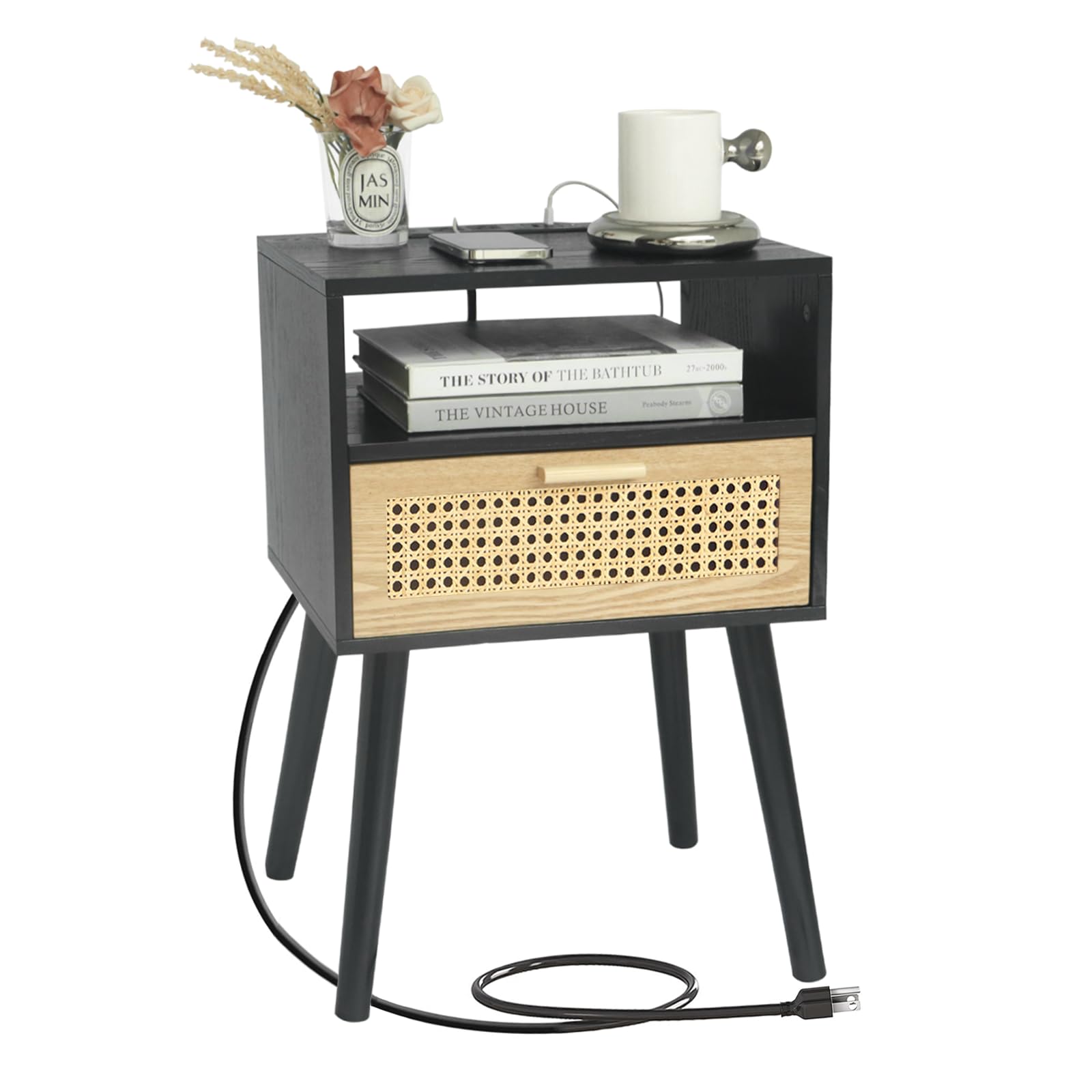 MaxSmeo End Table with Storage Mid Century Nightstand with Rattan Drawer and Shelf, Wood Small Side Coffee Table for Small Space, Living Room and Bedroom, Easy Assembly (Black)