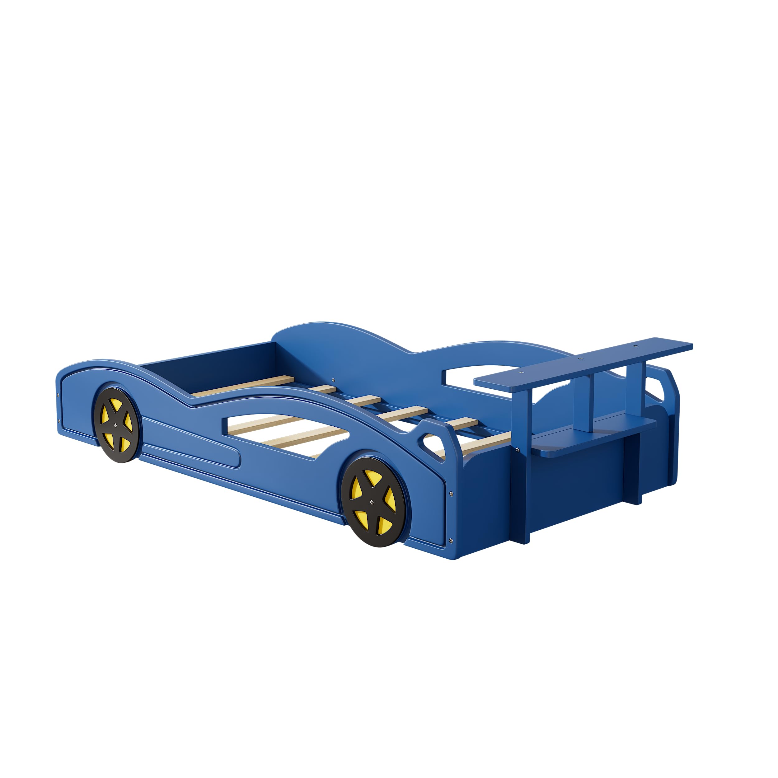 Lit plateforme en forme de voiture de course LUMISOL taille simple, cadre de lit en bois avec roues et barrières de sécurité pour chambre d'enfants, pas besoin de sommier, bleu