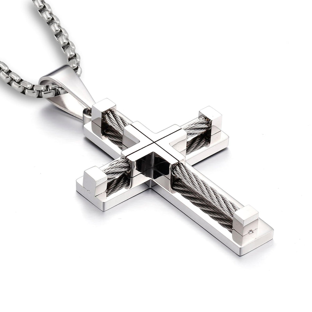 YL Men's Cross Necklace 316L Stainless Steel Large Jesus Christ Pendant Jewelry Rolo Chain for 24''