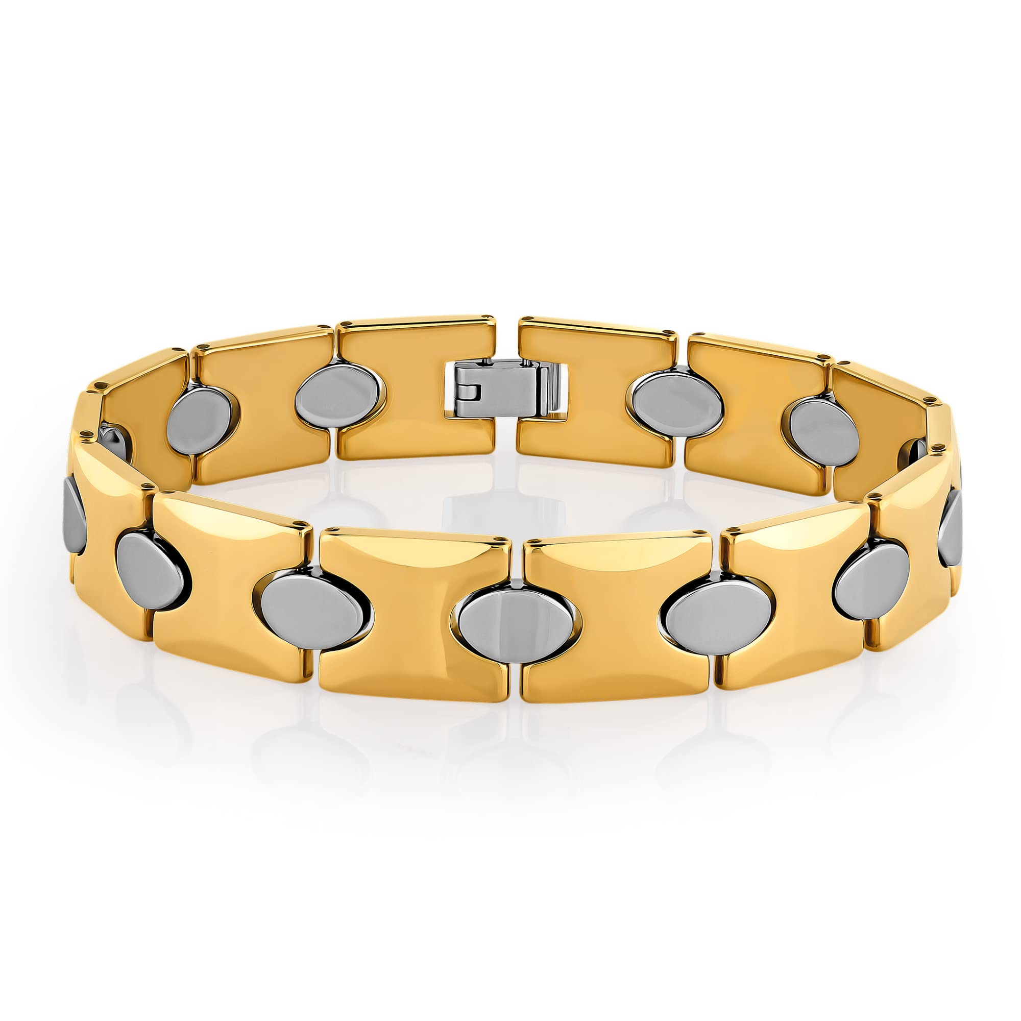 Urban Jewelry Stunning Solid Tungsten Link Bracelet for Men Polished Link, Puzzle, Ceramic Style (Silver, Black, 18K Gold Plated Option)