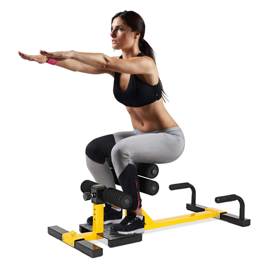 Machine de squat Sissy GYMAX, machine de squat Sissy profonde 3-en-1 avec cercles de sangle et hauteur réglable, parfaite pour les pompes, le squat Sissy et l'entraînement des abdominaux, équipement d'entraînement pour la maison, salle de sport (jaune)