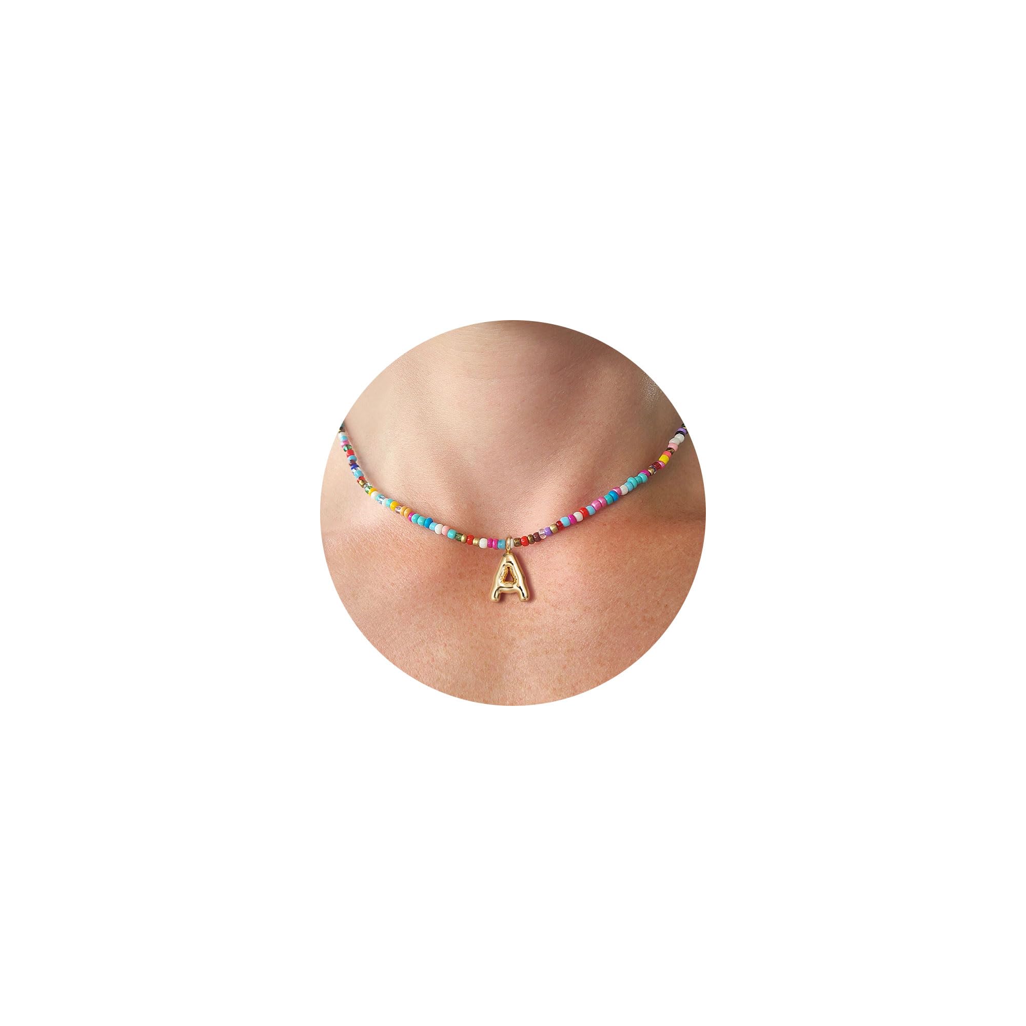 VRIUA Colorful Initial Necklaces for Women – Bubble Letter A Necklace Handmade Beaded Necklace Dainty Summer Beach Boho Necklaces for Women Cute Trendy Jewelry Choker Necklace