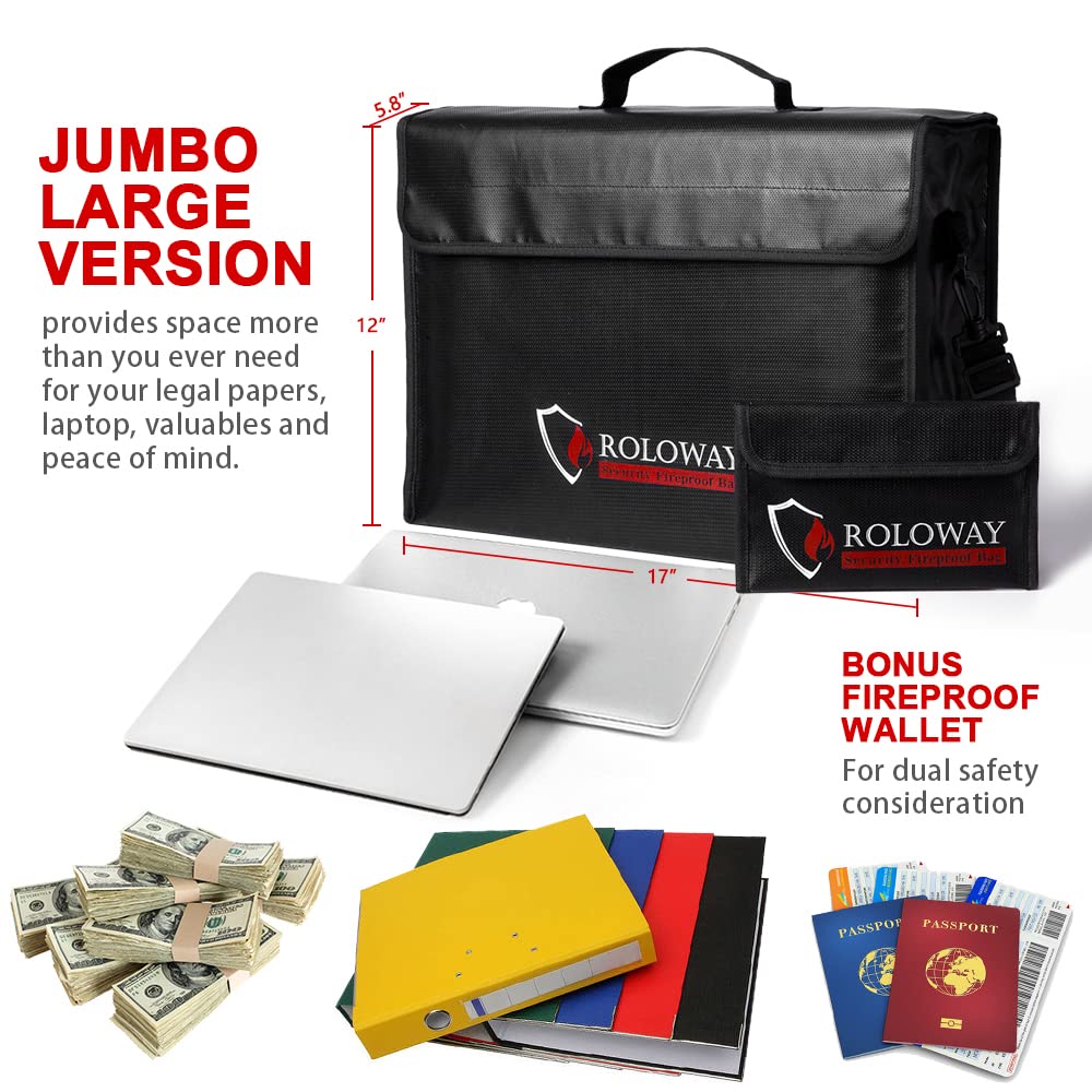 ROLOWAY Groß (17 x 12 x 5,8 Zoll) feuerfeste Tasche, feuerfeste Dokumententaschen, feuerfeste Geldtasche, wasserbeständige feuerfeste Safe-Tasche zur Aufbewahrung von Dokumenten und Wertgegenständen