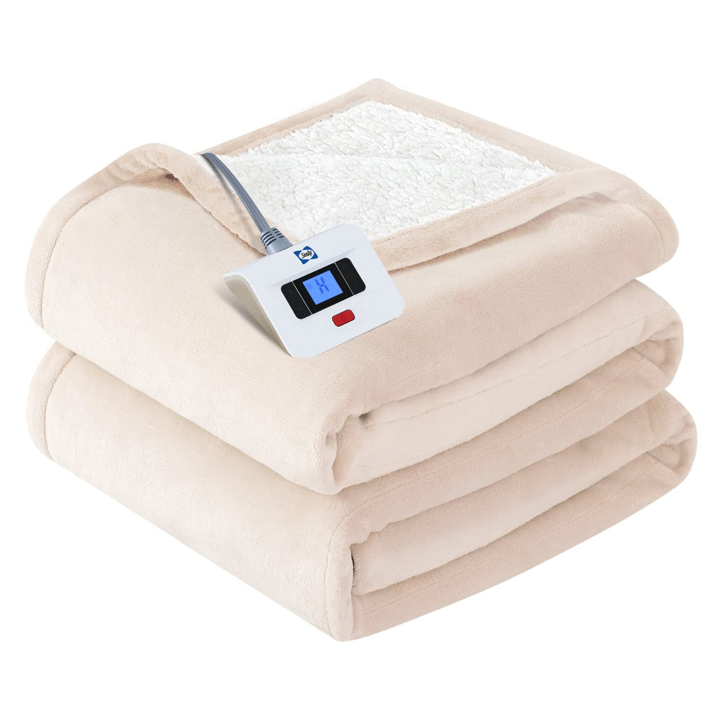 Sealy Electric Blanket Queen Size, Flannel & Sherpa Heated Blanket with 10 Heat Setting & 1-12 Hour Auto Shut Off, Fast Heating Blanket, Machine Washable, Beige, 84 x 90 Inch