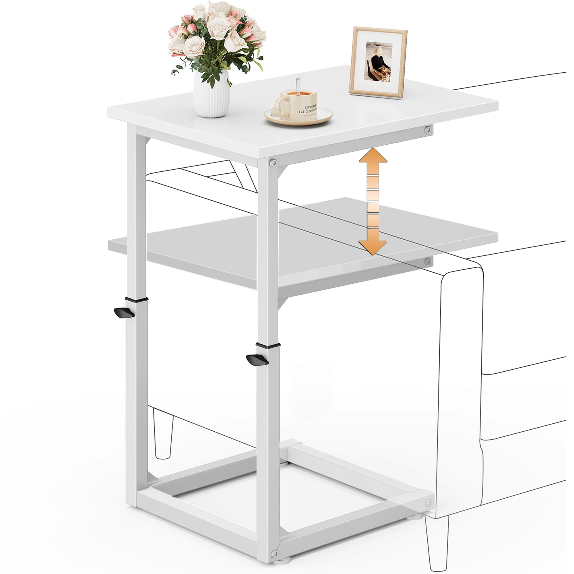 Vagusicc C Shaped End Table with Charging Station, 33" Tall Side Table for Couch, Sofa Table Adjustable Height Couch Side Table Coffee Table, Slide Under Sofa TV Tray C Table for Living Room, White