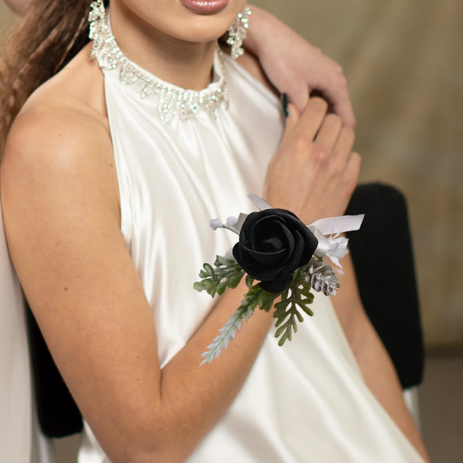 Corsage and Boutonniere Set Artificial Flower Wrist Corsage and Boutonniere for Men Groom Groomsmen Bride Bridesmaids,Wedding Prom Suit Decorations (1, Black)