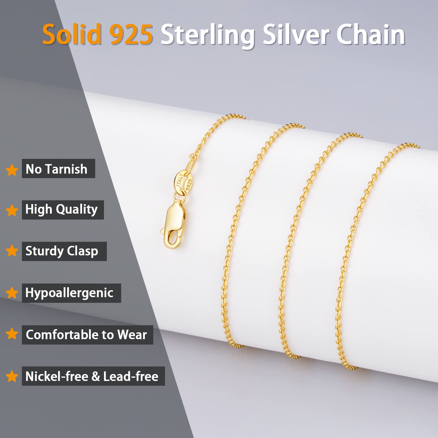 Colar de Corrente Folheado a Ouro 18k Jewlpire para Mulheres, Corrente de Cabo de 1,1mm Corrente de Ouro para Mulheres Brilhante e Resistente Colares de Corrente Femininos, 18 Polegadas