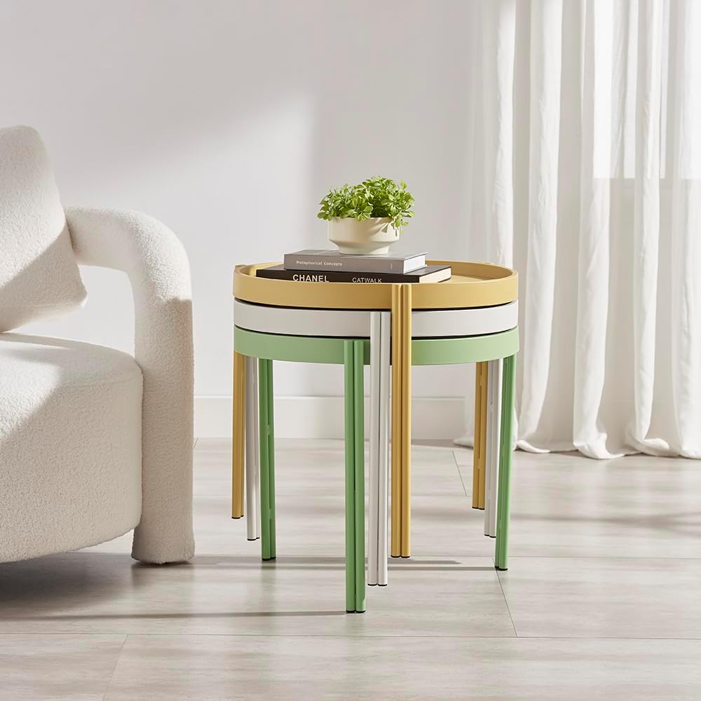 Stackable Nesting Plastic Coffee Table with Metal Legs, Outdoor End Table Set, Colorful Nightstands, Color Fun Living, Beding, Patio Table Sets, Quick Assembly, Set of 3, (Yellow, White, Green)