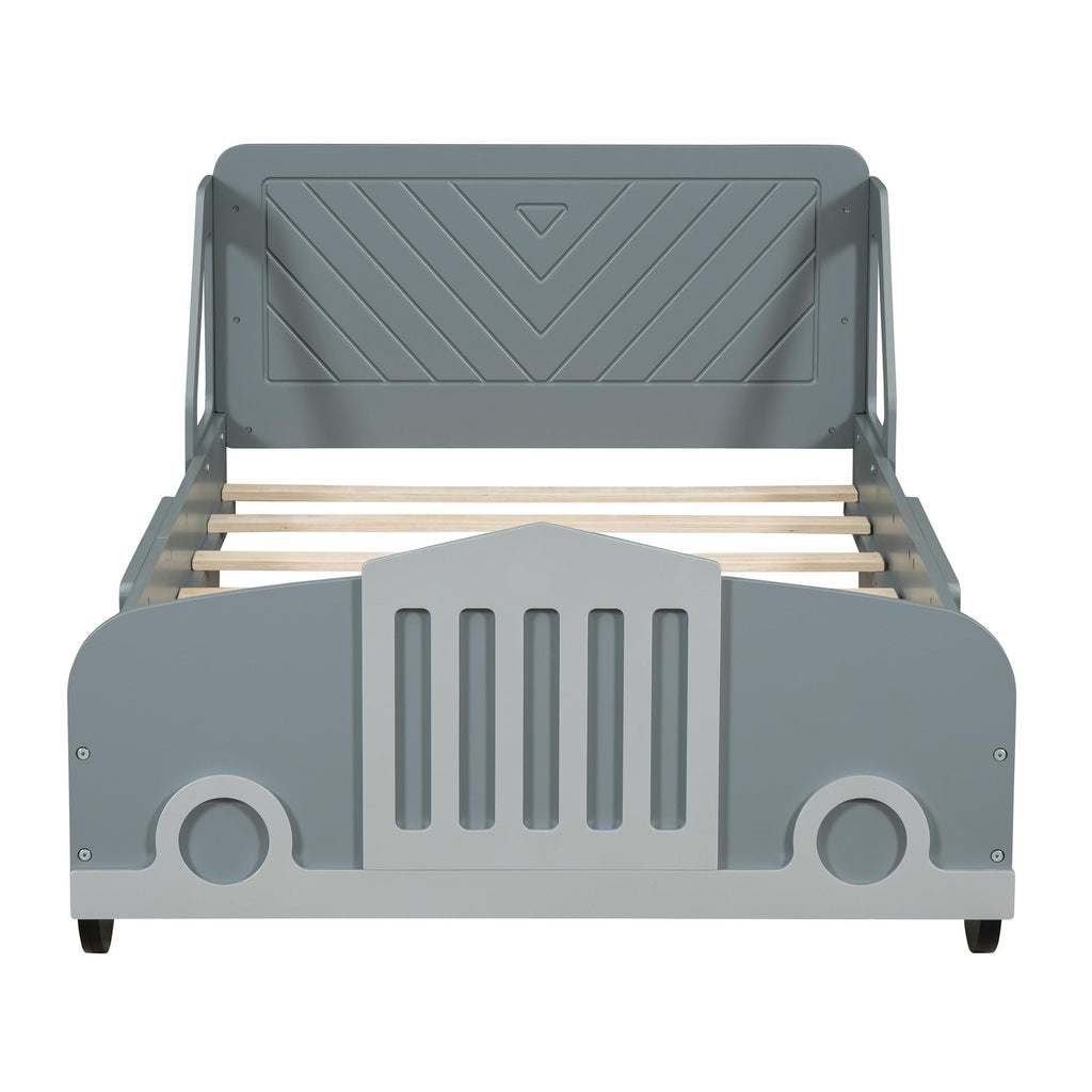 Lit en forme de voiture taille simple Harper & Bright Designs avec roues, lit simple pour enfants avec tête de lit et pied de lit, cadre de lit plateforme en bois taille simple, lit Flash McQueen pour enfants garçons filles (gris)